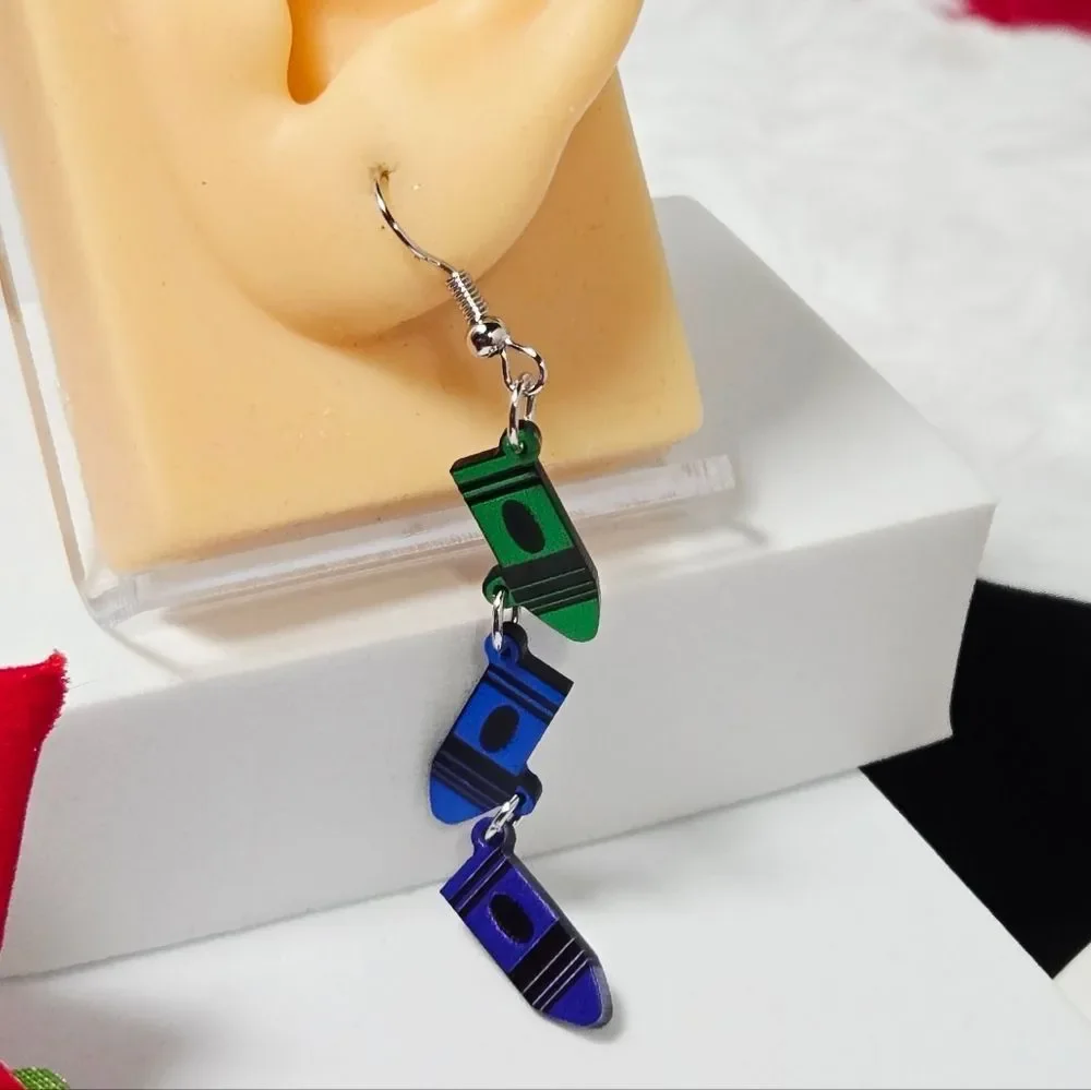 Rainbow Crayon Dangle Earrings Art Teacher Back to School Statement Artist Gift